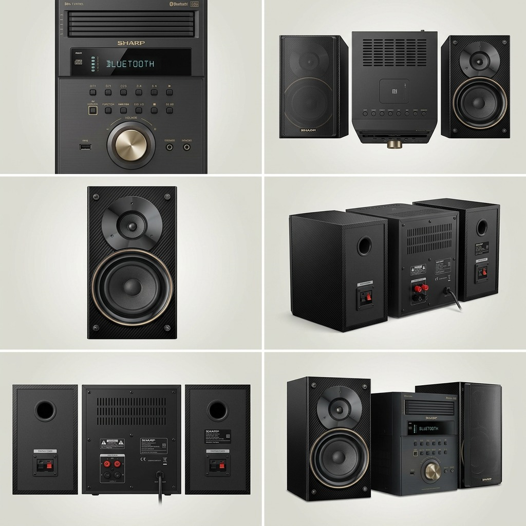 A 3x2 grid matrix showcasing five different high-resolution angles of the Sharp XL-BH250GL system.