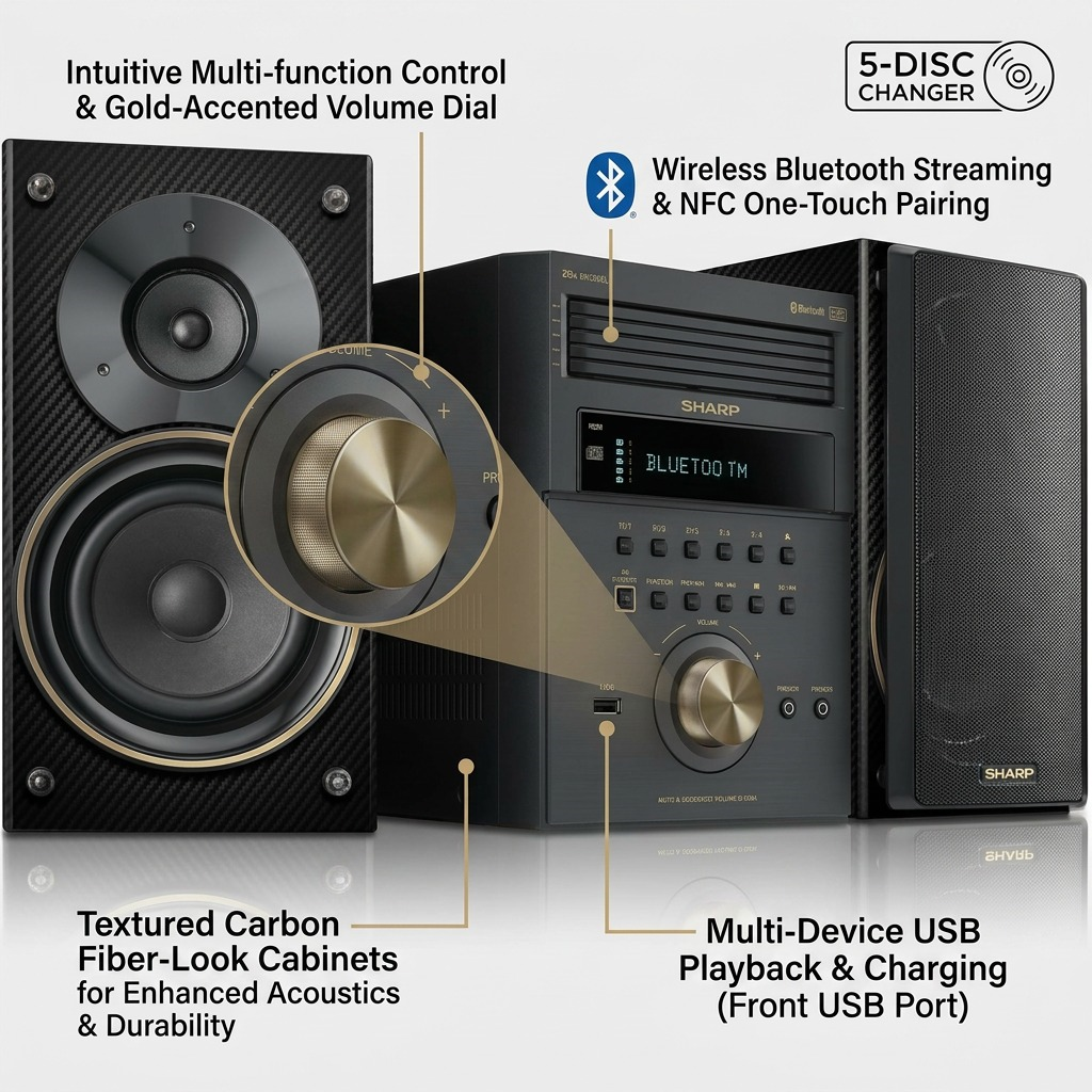 A professional product graphic of the SHARP XL-BH250GL bookshelf system with clear feature callout labels.