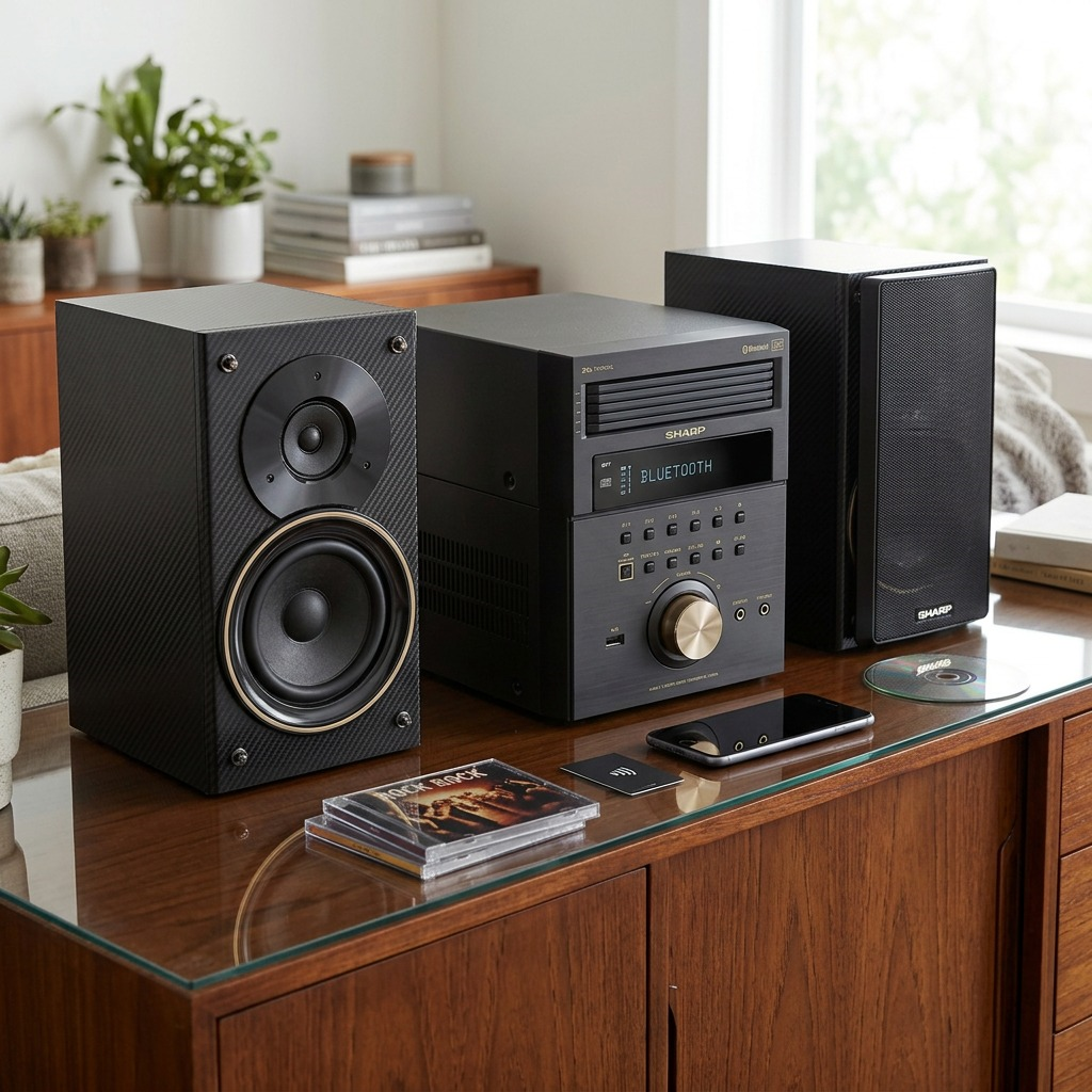 Lifestyle photo showcasing the complete Sharp XL-BH250GL system, displaying CD and Bluetooth functions on a dark wood living room credenza against natural daylight.