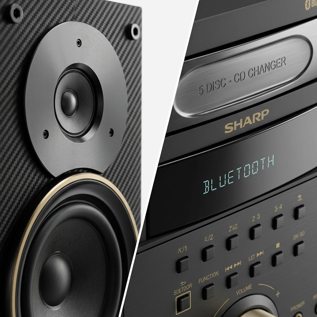 A detailed macro close-up of the carbon fiber textured speaker and its brass trim ring.