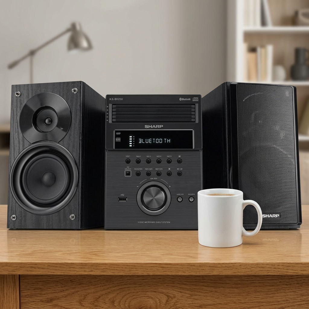 A high-quality photo showing the SHARP XL-BH250 micro system on a minimalist modern desk beside a coffee mug, demonstrating its size.