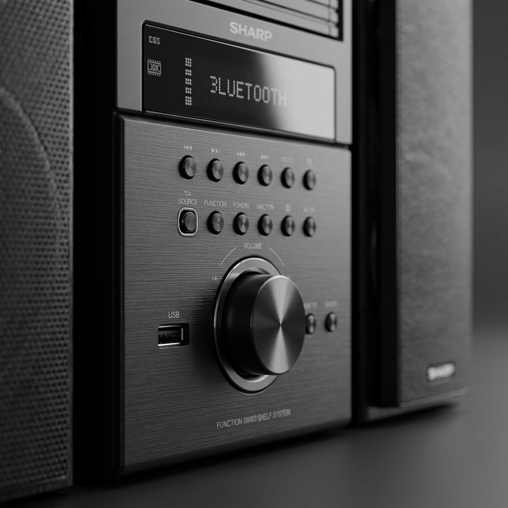 A macro close-up of the Sharp XL-BH250 control panel focusing on the volume knob, USB port, and textured surface.