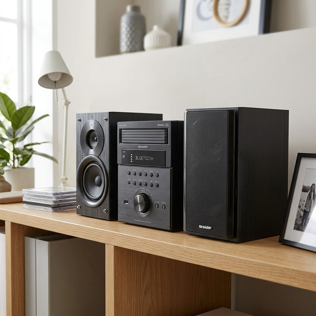 A lifestyle image featuring the Sharp XL-BH250 5-disc micro shelf system playing music in a modern home office.