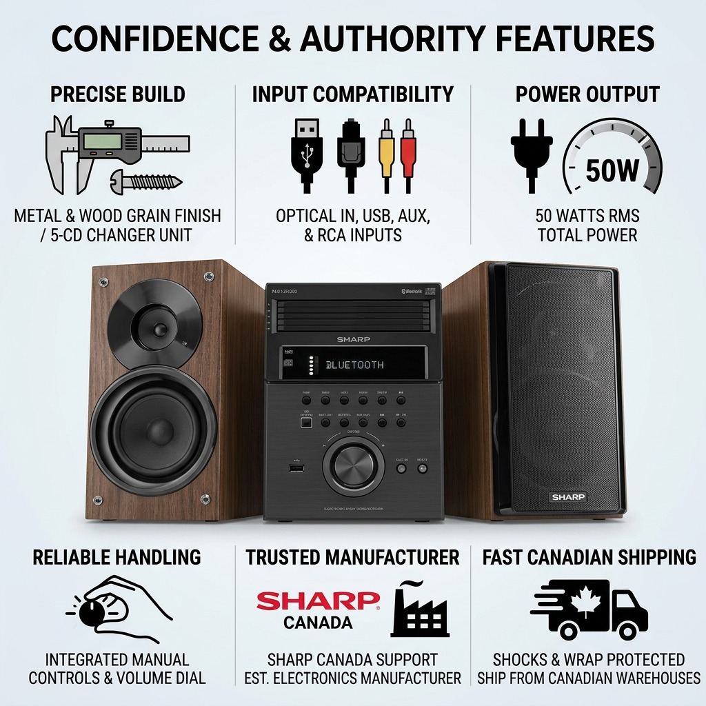 Infographic matrix for the Sharp XL-BH250 executive speaker system, highlighting its features and quality guarantees.
