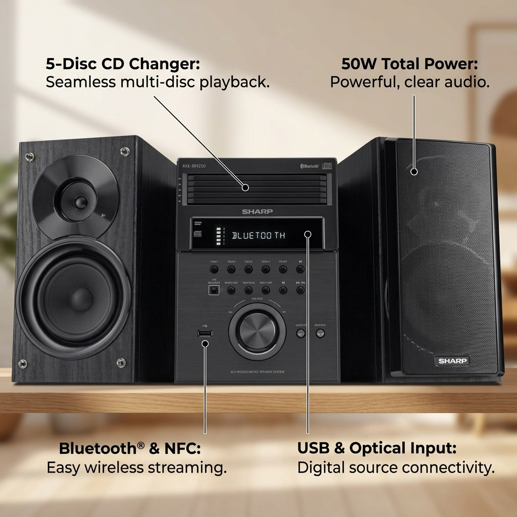 An operational feature graphic for the SHARP XL-BH250 micro system, with minimal overlay callouts highlighting its key functions, including 5-disc CD changer, 50W output, Bluetooth with NFC, and USB input, on a clean, professional background.