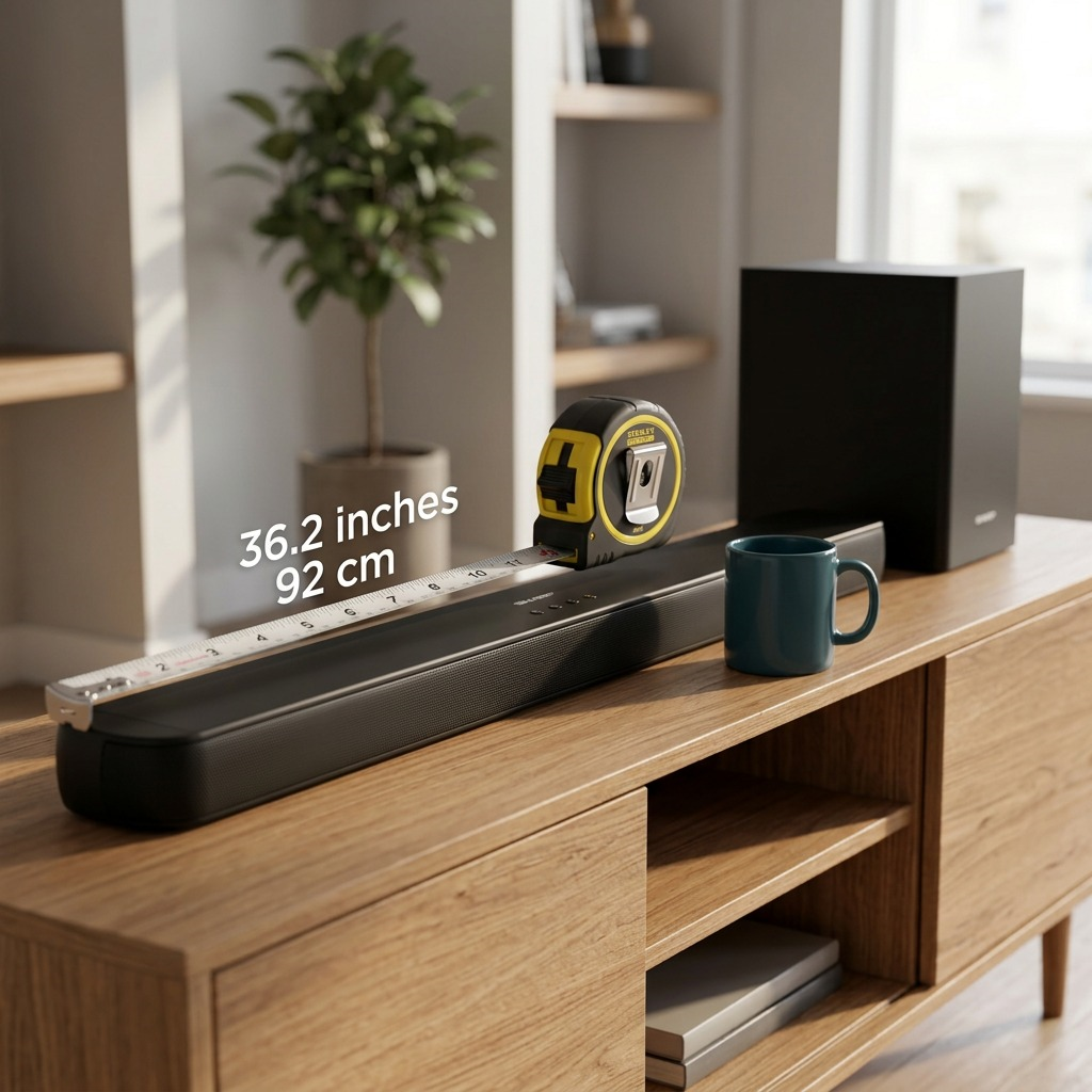SHARP HT-SBW192 sound bar and subwoofer measured with a 36-inch tape and coffee mug on a wooden console.