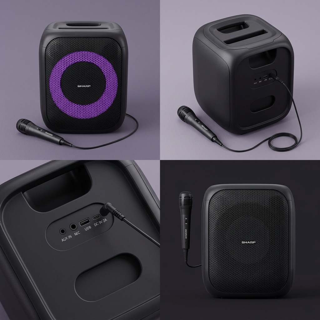 Four-quadrant image matrix showing the Sharp PS-914 speaker from multiple views and its microphone.