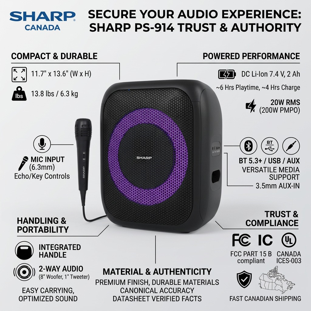 Infographic for SHARP PS-914 speaker showing performance facts, compliance, and Canadian shipping.