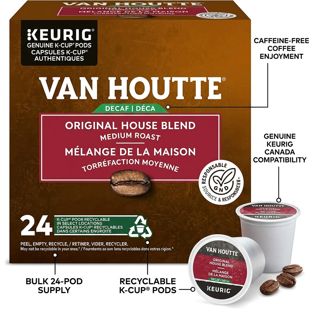 A product graphic highlighting key features of Van Houtte Original House Decaf K-Cup pods with factual callout labels and clean pointers.