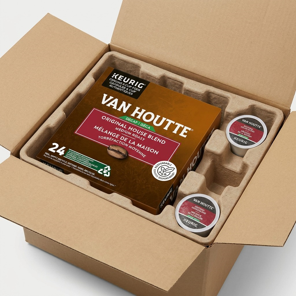 Safe unboxing of Van Houtte Original House Decaf 24ct within a protective shipping insert.