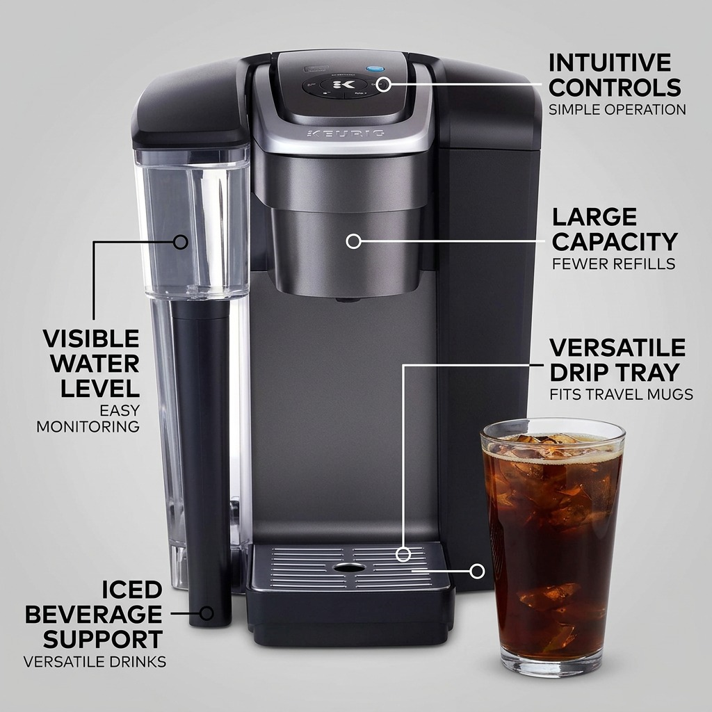 Operational feature graphic for Keurig K1550 Brewer, highlighting controls, capacity, and brew versatilely.