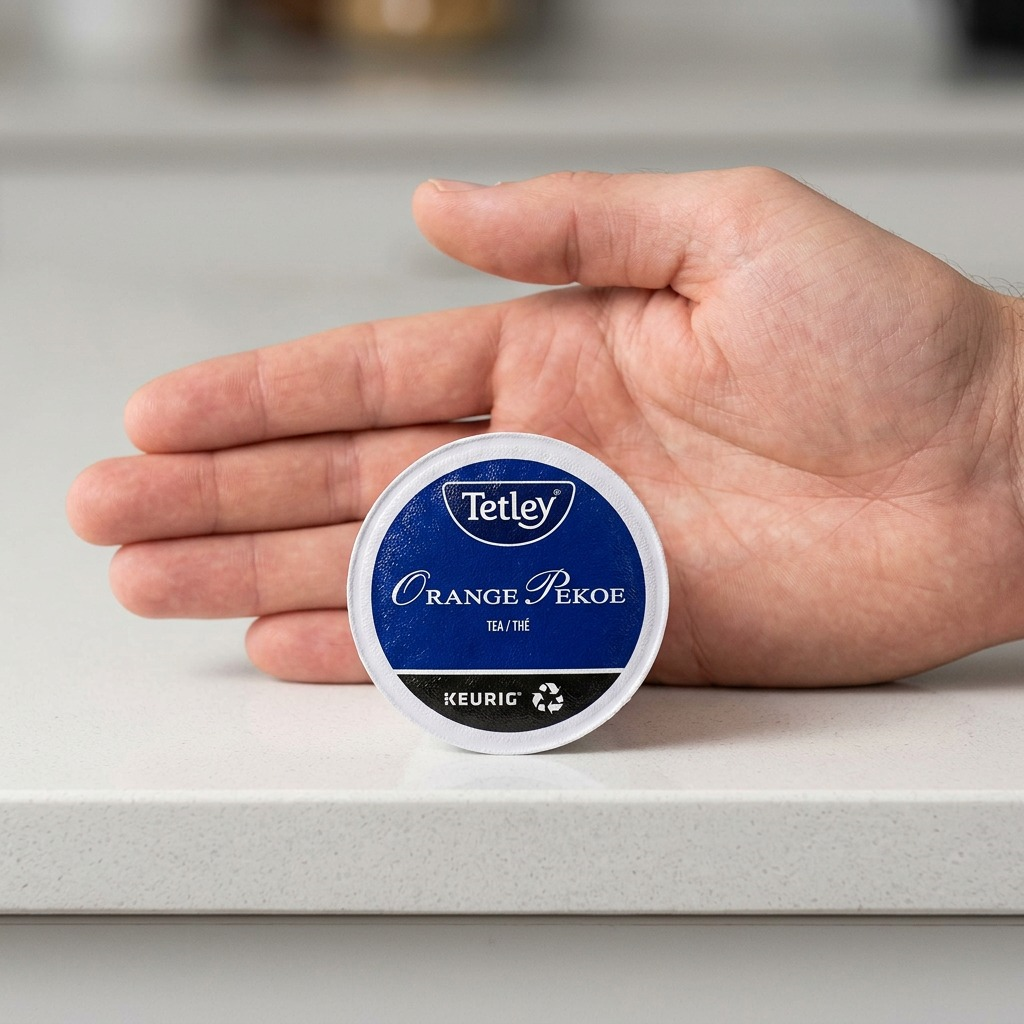 A detailed studio photograph showing a Tetley Orange Pekoe K-Cup pod placed next to a realistic human hand for size comparison.