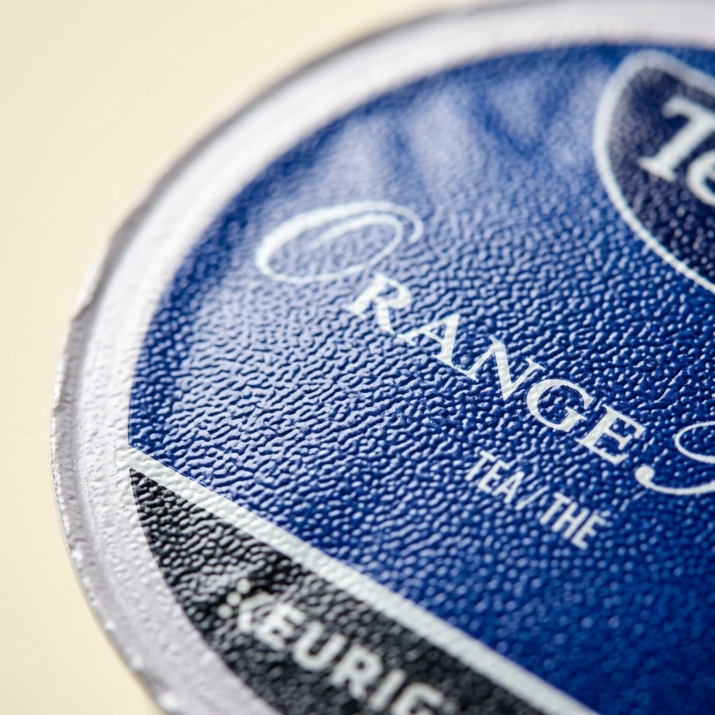 Macro close-up capturing the fine foil texture and precise logo printing of a Tetley Orange Pekoe K-Cup.