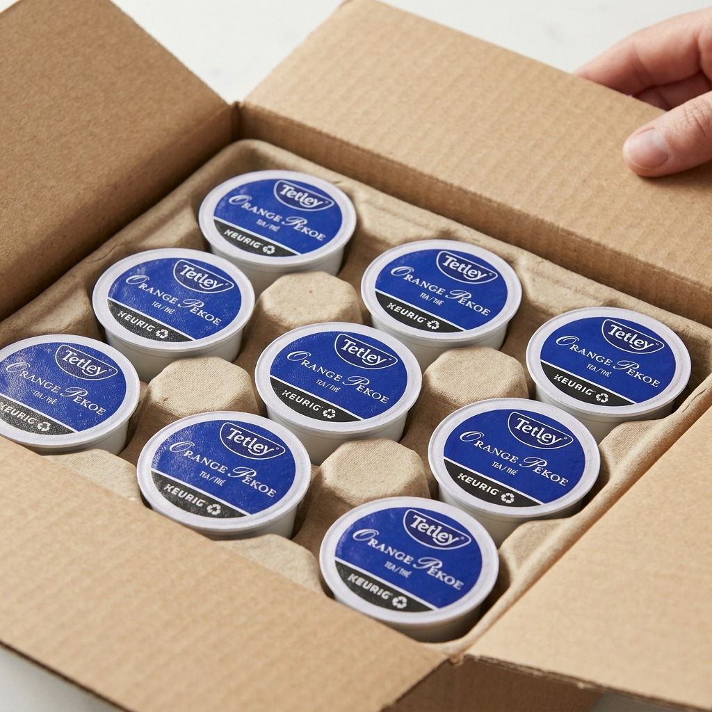 A close-up photograph of multiple Tetley Orange Pekoe Keurig K-Cup pods neatly secured in protective, custom-molded pulp tray packaging within a sturdy cardboard box, demonstrating safe transit.