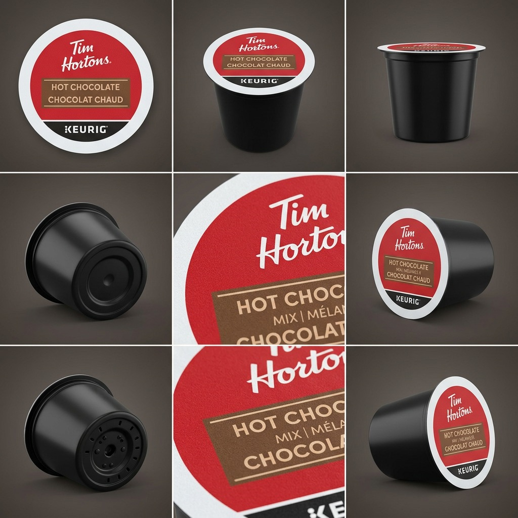 Variant matrix of Tim Hortons Hot Chocolate K-Cup shown in a 2x3 grid from six unique angles.