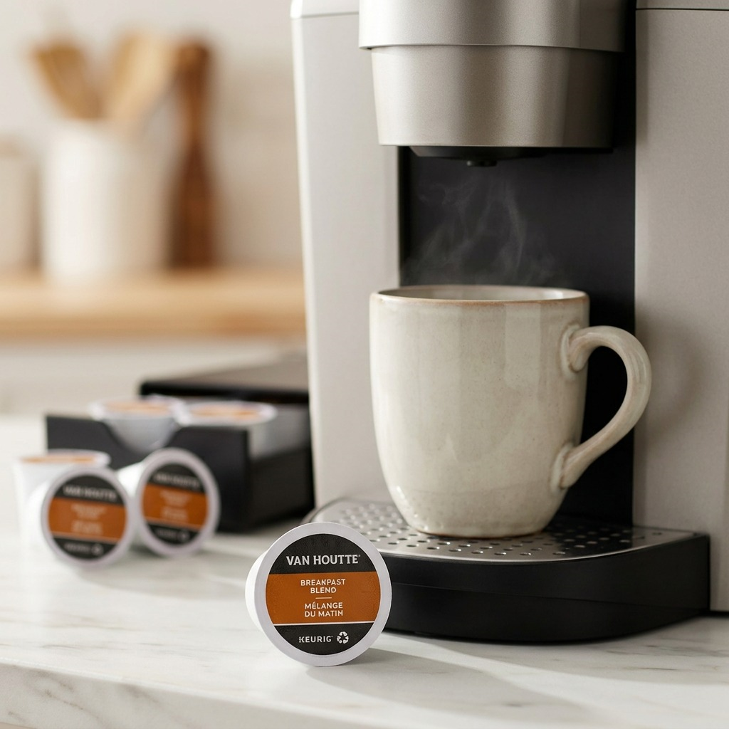 A single Van Houtte Breakfast Blend K-Cup sits beside a steaming mug in a modern Keurig brewer.