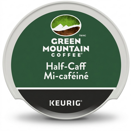 Hero shot of a Green Mountain Coffee Half-Caff K-Cup pod for Keurig brewers.