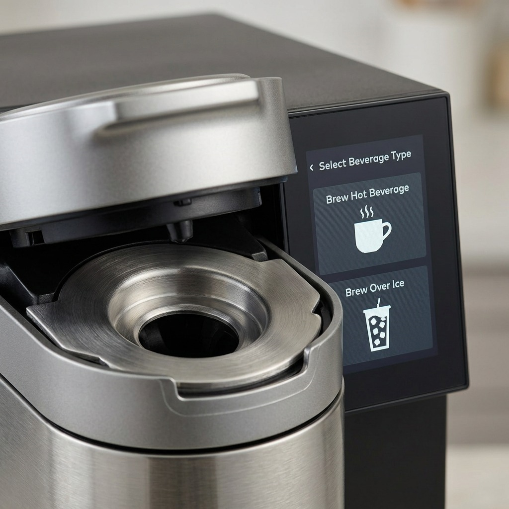 A close-up of the metal pod holder, piercing needle, and the detailed digital brewing interface text.