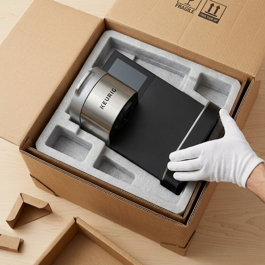 This Keurig K2550 is secure in open protective shipping foam within a cardboard box.