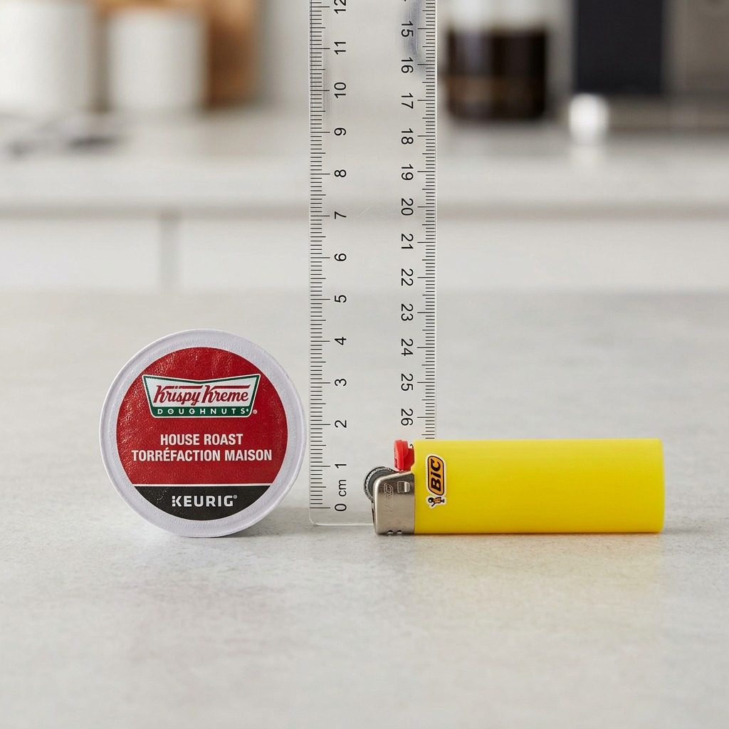 Scale comparison: A Keurig K-Cup beside a BIC lighter and ruler, illustrating its compact size.