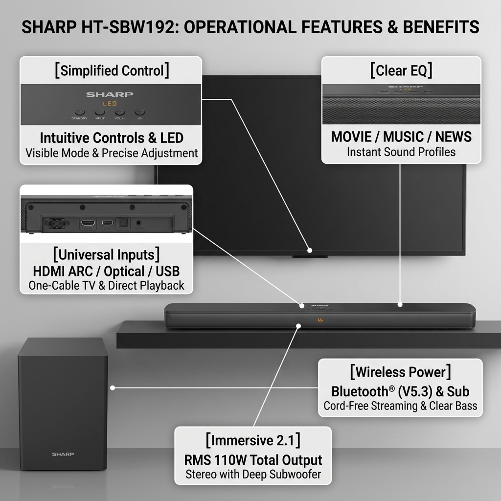 Sharp HT-SBW192 soundbar and wireless subwoofer featuring on-screen callouts highlighting key features.