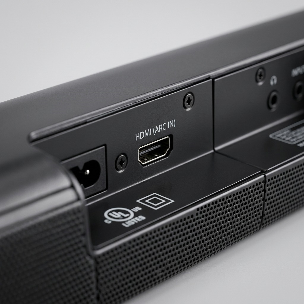Macro view of SHARP HT-SBW192 soundbar rear panel, showing HDMI ARC port and key safety labels.