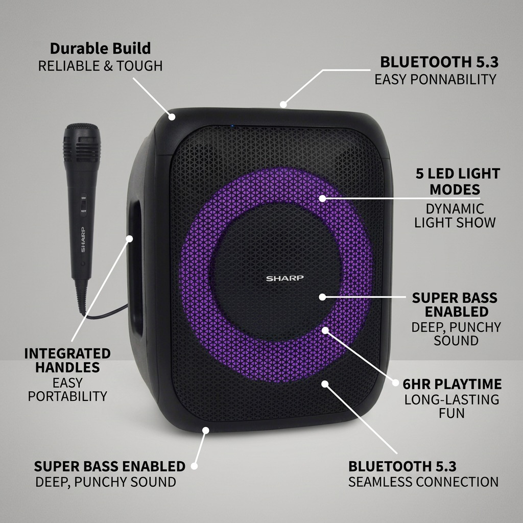 PDP feature matrix infographic showing callouts for durability, 5 LED modes, handles, Bluetooth 5.3, Super Bass, and 6-hour playtime.