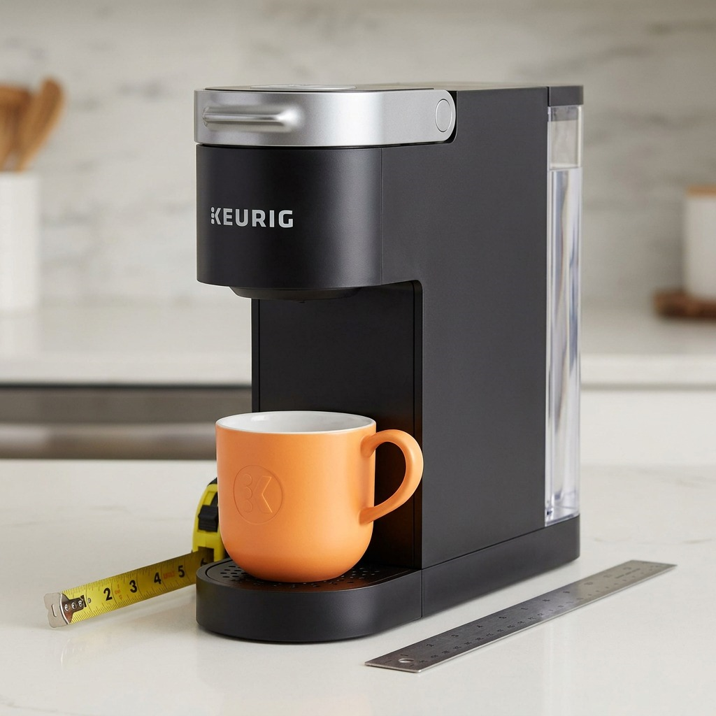 Keurig Brewer with coffee mug and a ruler for scale reference in a kitchen setting