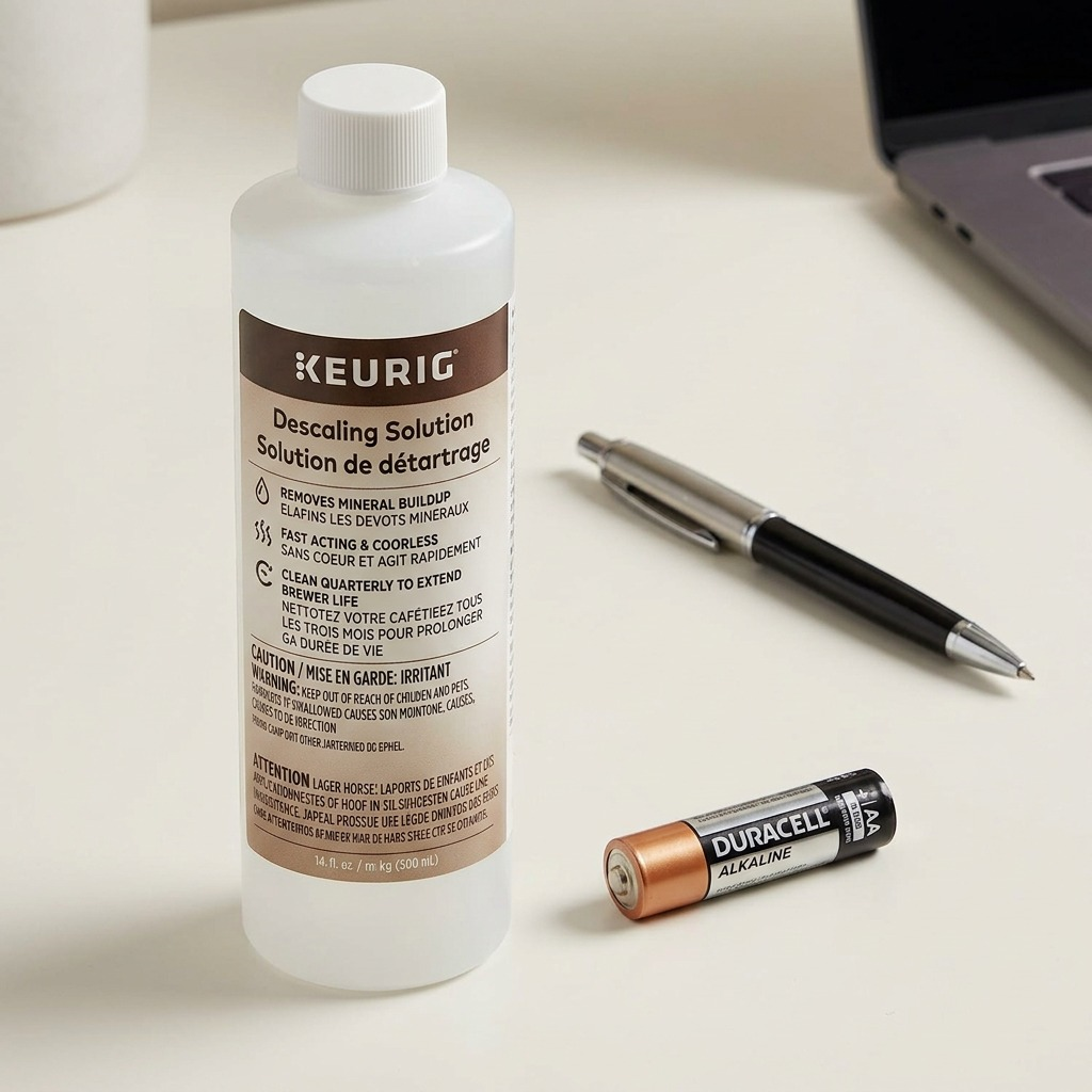 A PDP image showing the 414ml Keurig Descaling Solution bottle next to a standard AA battery and a pen on a desk, illustrating its true scale.