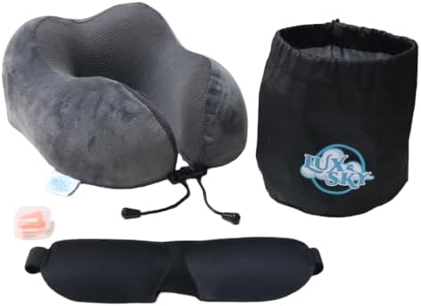 Lux & Sky Cooling Memory Foam Travel Neck Pillow Set for Airplane Car, Home, Office | Travel Essential Neck Pillow with Sleeping Mask & Earplugs | 3 in 1 U Shape Memory Foam Travel Pillow (Dark Gray)