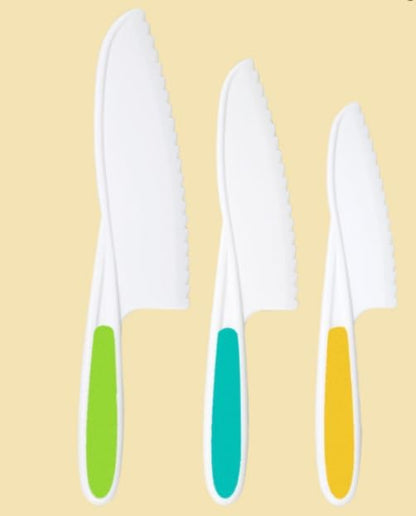 3 Pcs Kids Knife Set for Real Cooking, Kid Safe Knives for Cutting, Kids Cooking and Baking Set, Plastic Knives, Kitchen Set (Green,Blue,Yellow)