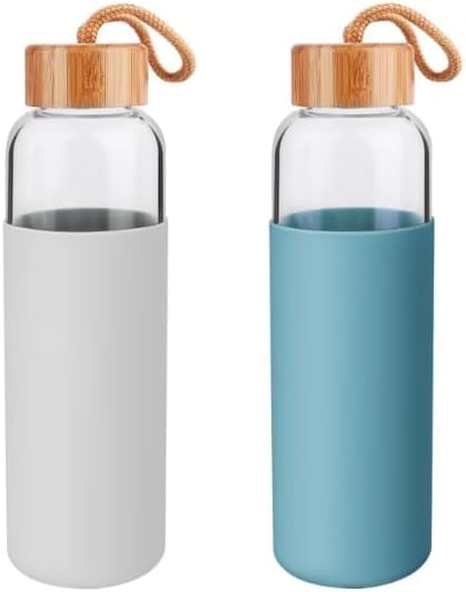 Lily's Home Glass Water Bottles Set of 2 - Glass Water Bottle Set. 18 oz Glass Bottles with Lids (Bamboo, Leakproof Seal), BPA Free, Silicone Sleeves to Avoid Drops & Bumps and Snags Tabletops