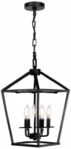 4 Light Chandelier, Industrial Ceiling Light Black Lantern Light Fixtures with Farmhouse Metal Cage Adjustable Height Rustic Geometric Hanging Light E12 Base for Kitchen Island, Entryway, Indoor