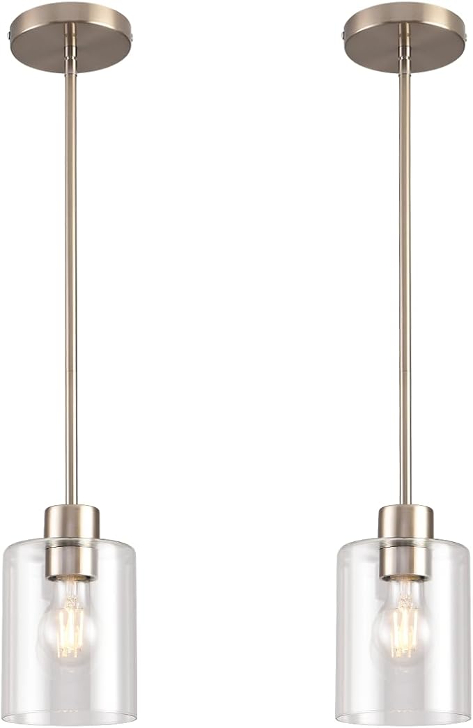 Brushed Nickel Pendant Lights,Modern Farmhouse Pendant Light,Light Fixture Kitchen Pendant Mini Hanging Light for Sink Island,Adjustable Height,Home Décor Lighting (Brushed Nickel 2 pack Stem Rod)