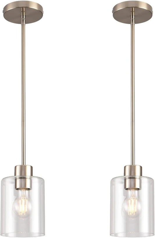 Brushed Nickel Pendant Lights,Modern Farmhouse Pendant Light,Light Fixture Kitchen Pendant Mini Hanging Light for Sink Island,Adjustable Height,Home Décor Lighting (Brushed Nickel 2 pack Stem Rod)