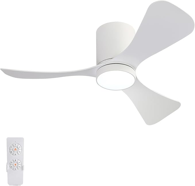 42 Inch Low Profile Ceiling Fan with Lights, Modern Flush Mount Ceiling Fan, 3 ABS Blades, 6-Speed, Reversible DC Motor, Noiseless, for Indoor/Outdoor Kitchen Bedroom (White)