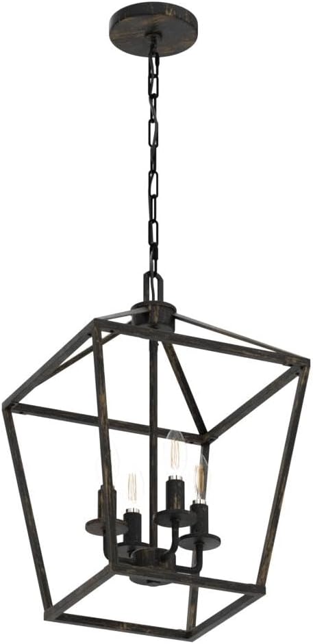 4 Light Chandelier Lighting, Industrial Ceiling Light Black Lantern with Brushed Gold, Geometric Metal Hanging Light Fixture with Adjustable Chain, E12 Base for Entryway Kitchen Island, Indoor Use