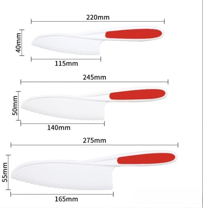 3 Pcs Kids Knife Set for Real Cooking, Kid Safe Knives for Cutting, Kids Cooking and Baking Set, Plastic Knives, Kitchen Set (Red)