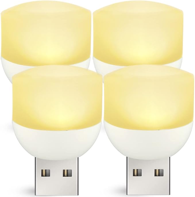 USB Night Light, Mini Warm White LED Nightlights for Nursery, Bedroom, Kitchen, Stairs, Hallway, 4-Pack