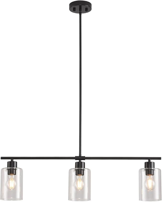 3 Lights Pendant Lighting for Kitchen Island,3 Tier Linear Pendant Chandeliers with 1 Base,Modern Farmhouse Island Light with Clear Glass,Adjustable (Black Island 3 Tier Stem Rod)