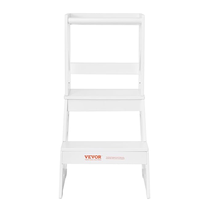 VEVOR Toddler Step Stool for Kids, Natural Pine Wood Toddler Kitchen Stool Helper with Safety Rail, 150LBS Loading Capacity Standing Tower Learning Stool for Bedroom Bathroom Kitchen Counter, White