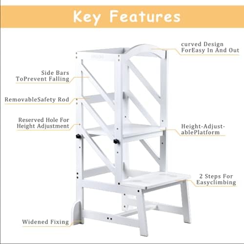 Adjustable Height Kitchen Step Stool,Kids Learning Stool,Mothers' Helper, OUZIO Kitchen Toddler Standing Tower Stool Helper for Kids with Safety Rail White Color