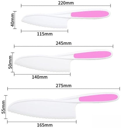 3 Pcs Kids Knife Set for Real Cooking, Kid Safe Knives for Cutting, Kids Cooking and Baking Set, Plastic Knives, Kitchen Set (Pink)