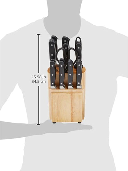 Amazon Basics 18-Piece Premium Kitchen High-Carbon Stainless Steel Blades with Pine Wood Knife Block Set, Black