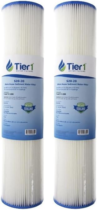 Tier1 20 Micron 20 Inch x 4.5 Inch | 2-Pack Pleated Cellulose Whole House Sediment Water Filter Replacement Cartridge | Compatible with Pentek S1-20BB, 155305-43, W20CLHD20, Home Water Filter