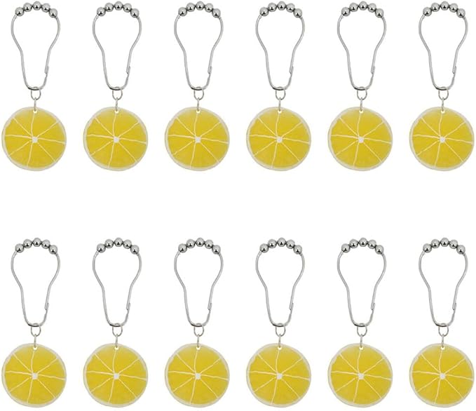 Yellow Lemon Shower Curtain Hooks for Bathroom, Rustproof Stainless Steel Decorative Shower Curtain Rings with Simulated Lemon Slice Pendant for Fruit Summer Theme Bathroom Decor (A)