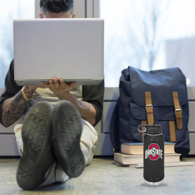 Ohio State University 32oz Stainless Steel Double Walled Black Beverage Bottle with Flip Straw Spout - College Gear for Playoff Season – For Office, Home or Auto – Show your Buckeye Pride