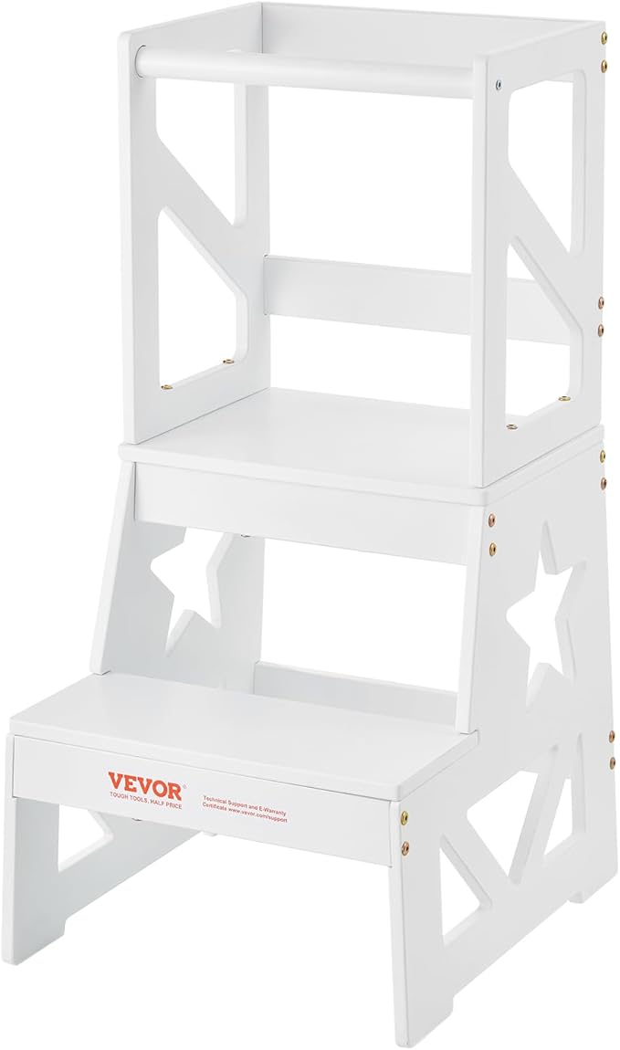 VEVOR Toddler Step Stool, Natural Pine Wood Kids Kitchen Stool Helper with Safety Rail & 150LBS Loading Capacity, Standing Tower Learning Stool for Bedroom Bathroom Kitchen Counter, White