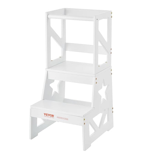 VEVOR Toddler Step Stool for Kids, Natural Pine Wood Toddler Kitchen Stool Helper with Safety Rail, 150LBS Loading Capacity Standing Tower Learning Stool for Bedroom Bathroom Kitchen Counter, White