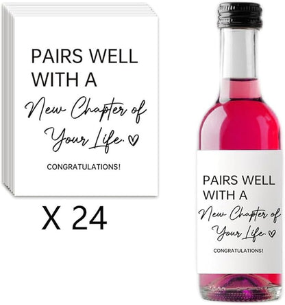 24Pcs Pairs Well with New Chapter of Your Life Mini Wine Labels, New Job New House Home New Beginnings Mini Wine Labels Stickers Gifts for Women, Engagement Retirement Divorce Gifts